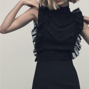 Zara Women’s Pointelle Ruffled Sleeveless Knit Top Sz medium Black Mock Neck